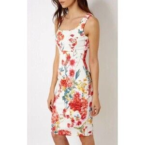 Karen Miller Pencil Dress White Floral Print Cutouts Stretch Below Knee Size 10